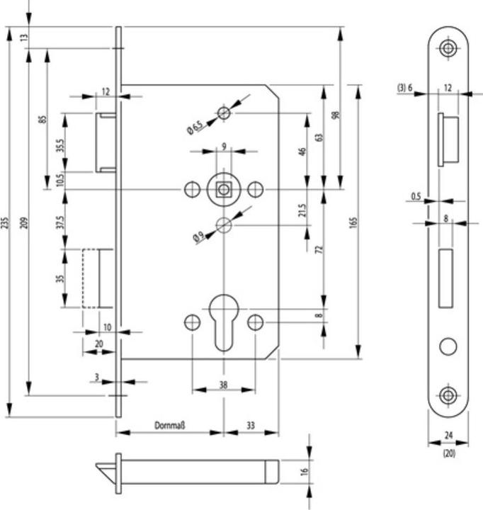 Produktbild BKS Panik-Einsteckschloss 1201 Panik-Funktion E abgerundet 20/65/72/9 mm DIN rechts Edelstahl (Profilzylinder)