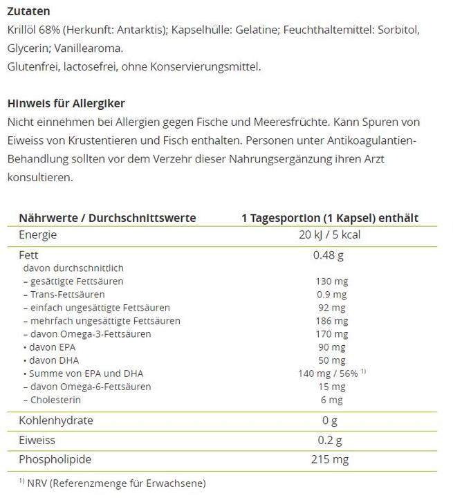 Nährwerte und Zutaten Alpinamed Krill Oil Kapseln (1 Stück, Kapseln, 140 g)
