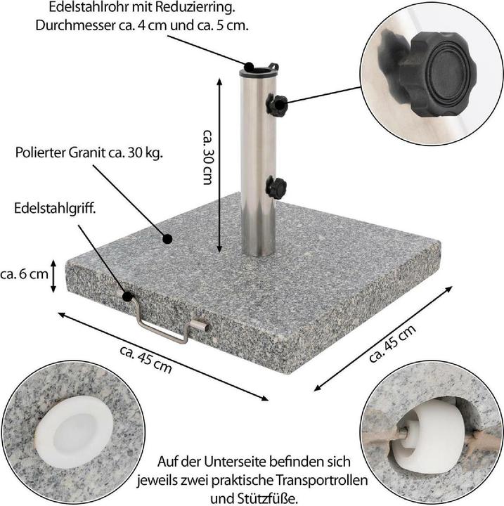 Produktbild VCM Sonnenschirmständer 30kg Granit poliert grau eckig Edelstahl 45 x45 cm Griff