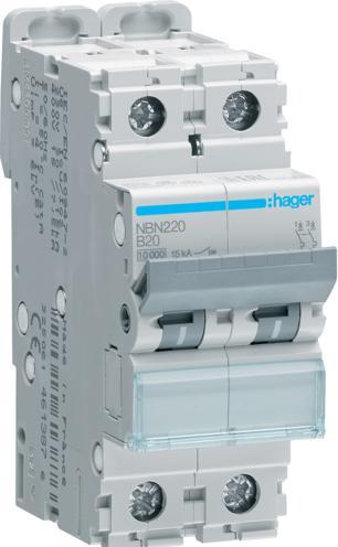 Produktbild Hager HAG NBN220 Leitungsschutzschalter 2 polig 10kA B-Charakteristik 20A 2 Module