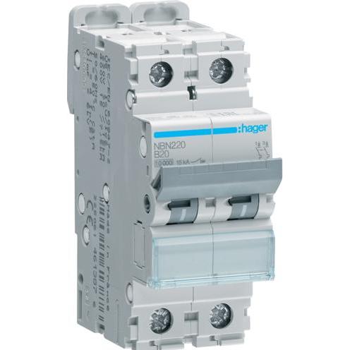Hager, Schutzschalter, HAG NBN220 Leitungsschutzschalter 2 polig 10kA B-Charakteristik 20A 2 Module