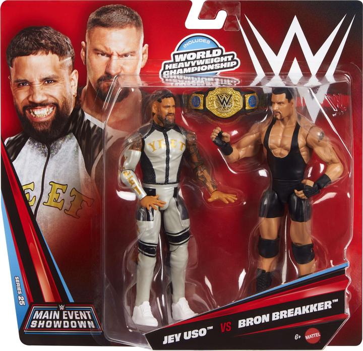 Actual product image Mattel WWE Main Event Showdown Bron Breakker vs Jey Uso Action Figures Set, Series #25, 6-inch Collectibles