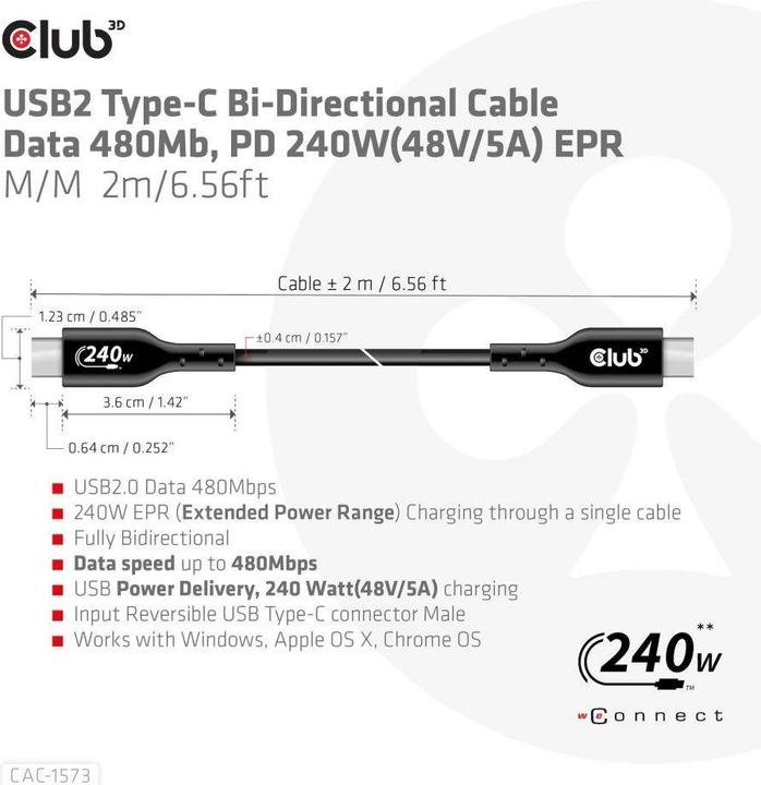 Actual product image Club 3D Club3D Cable USB 2 Type C PD / St/St (2 m, USB 2.0, 240 W)