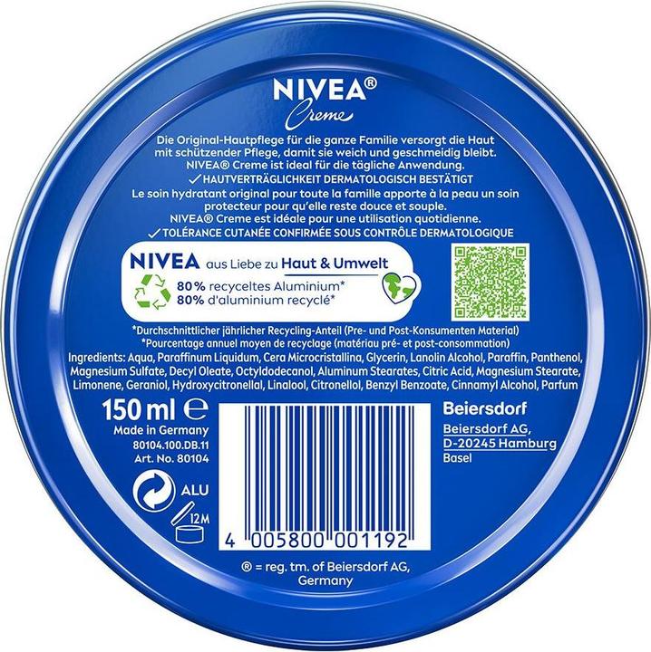Valori nutrizionali e ingredienti NIVEA Creme Dose (Crema corpo, 150 ml)
