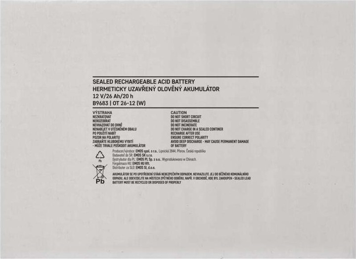 Valori nutrizionali e ingredienti Emos Batteria al piombo senza manutenzione 12 V/26 Ah L2 (1 pz., Specifico del dispositivo, 26000 mAh)