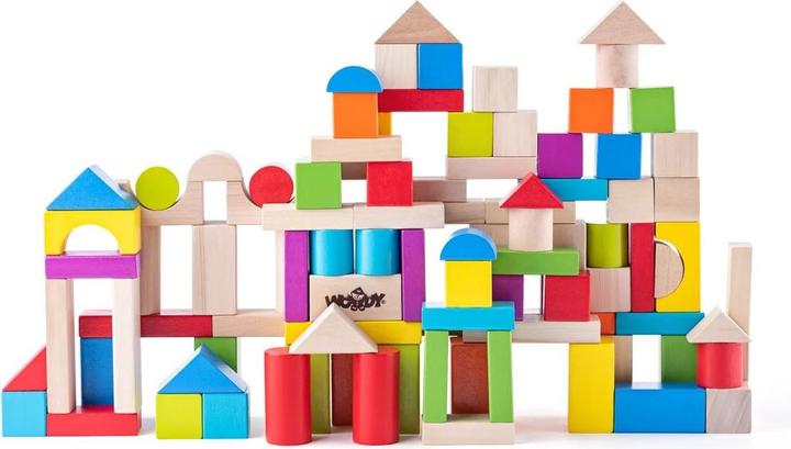 Produktbild Woody Kleinkindbausteine im Eimer mit Formsortierdeckel - farbig/natur, 100 Stück