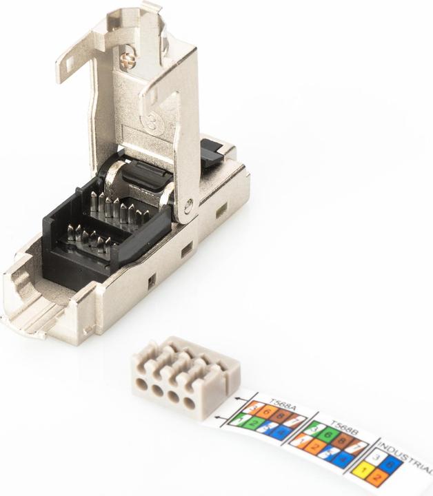 Actual product image Digitus Shielded RJ45 plug for field assembly AWG 22-27 10 GBit Ethernet PoE+ Dust cap Anti-kink protection (Network cable plug)