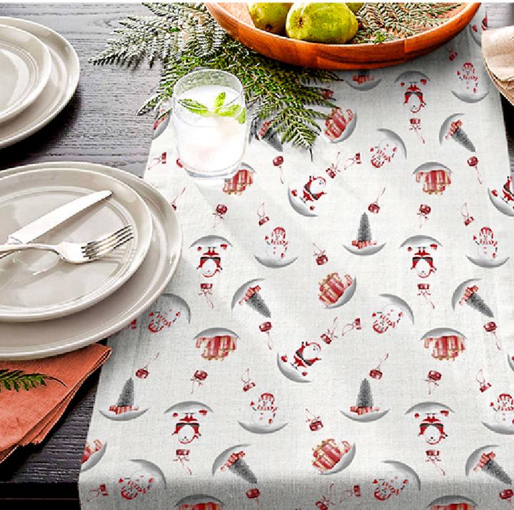 Produktbild VBS Motiv-Stoff Leinenoptik mit Golddruck "Snowman and Santa", 140 cm breit, Meterware