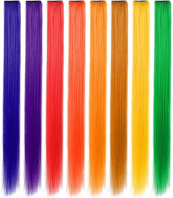 Produktbild JTI Stück synthetische Haarverlängerungen in verschiedenen Farben (Dunkelorange, Blau, Lila, Braun, Rot, Hellorange, Gelb und Grün, 50 cm)