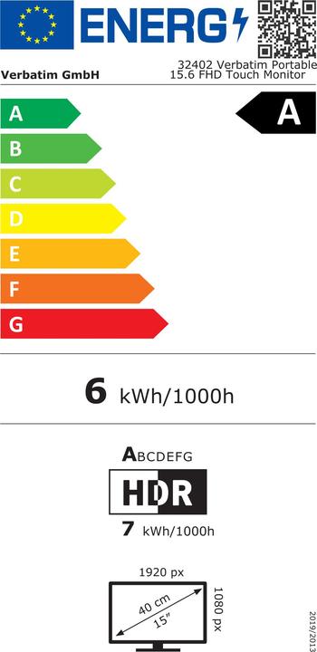 Energie-Label Verbatim Portable 15.6" FHD Touch Monitor LIGHT (1920 x 1080 Pixel, 15.60")