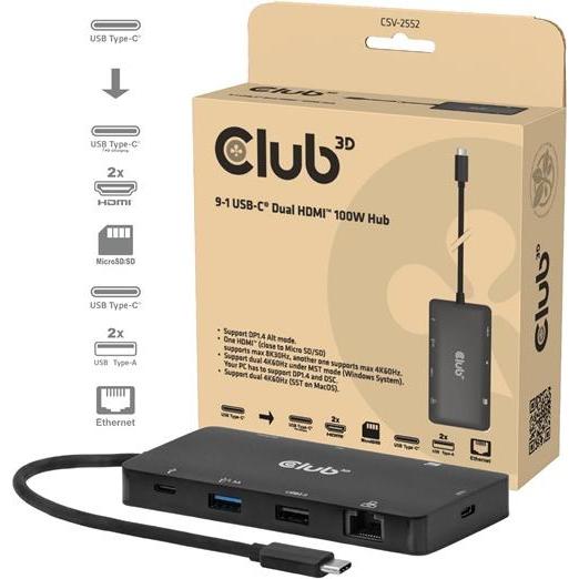 Club 3D USB Hub - CSV-2552 (USB-C to 2xUSB-C, 2xUSB-A, 2xHDMI, RJ45, SD/MicroSD, 100W PD, 4K60hz) (USB-C), Docking station + Hub USB, Nero