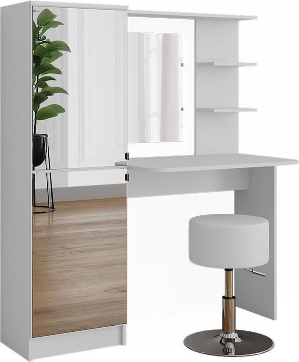 Coiffeuse : Blanc, Poignées : Or, Tabouret : Blanc