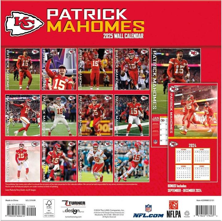 Immagine prodotto NFL - Kansas City Chiefs - Patrick Mahomes - Calendario murale dei giocatori 30.5 x 30.5 cm 2025 (30,5 x 30,5 cm)