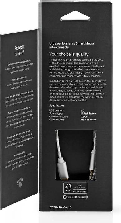 Productafbeelding Nedis USB-adapter USB 2.0 USB-C stekker 3,5 mm 1,00 m rond Verguld Gevlochten/Nylon Aluminium (1 m, USB 2.0)
