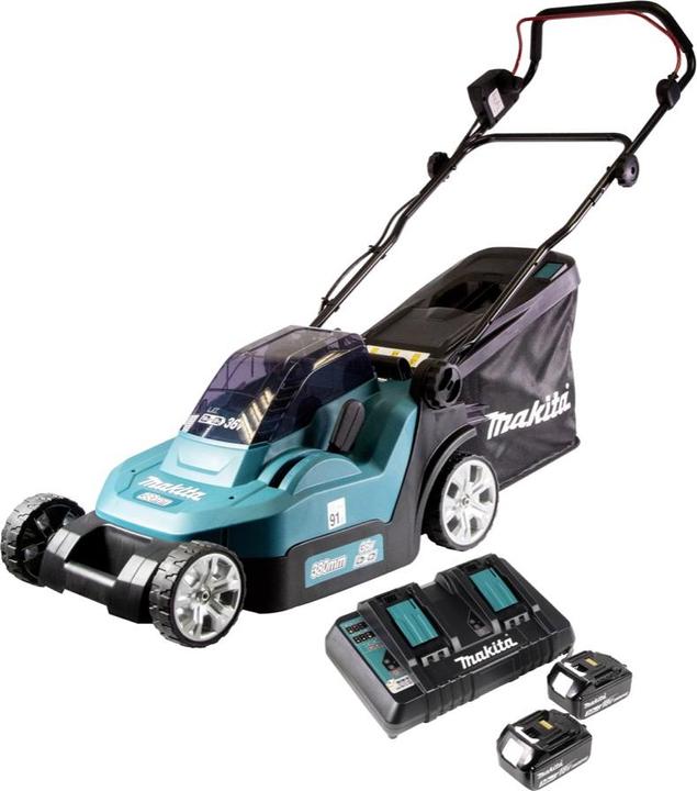 Actual product image Makita DLM 432 PF2 Akku Rasenmäher 36 V ( 2x 18 V ) 43 cm Brushless + 2x Akku 3,0 Ah + Doppel Ladege (Rechargeable battery operated)