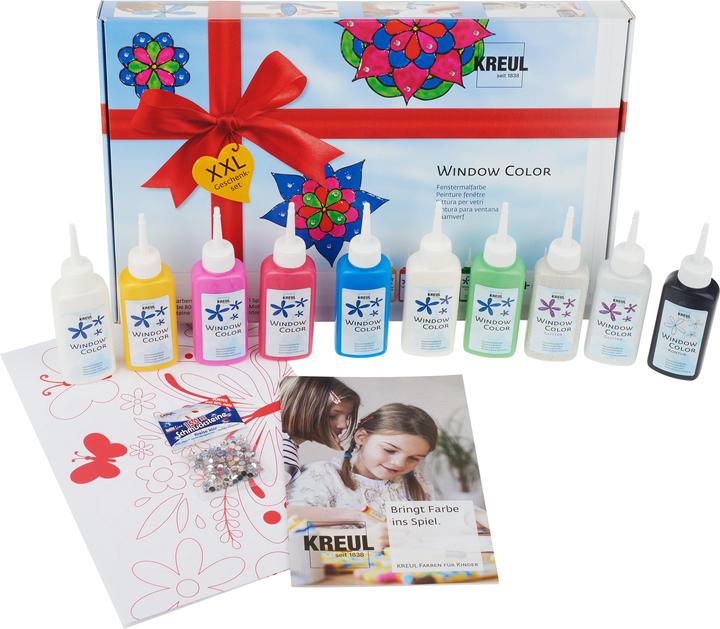 Kreul Couleur de la fenêtre XXL (Argent scintillant, Faon, Bleu roi, Pink, Rouge rubis, Jaune doré, Blanc neige, Or scintillant, Mairün, Noir, 800 ml)