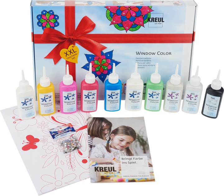 Produktbild Kreul Window Color XXL (Royalblau, Rubinrot, Schneeweiss, Rehbraun, Goldgelb, Pink, Glitzer-Gold, Schwarz, Mairün, Glitzer-Silber, 800 ml)
