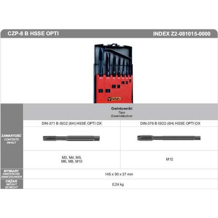 Fanar, Maschi + Giramaschi, ZESTAW GWINTOWNIKÓW MSZYNOWYCH M3-M12 CZP-8 B HSSE OPTI M3-M12