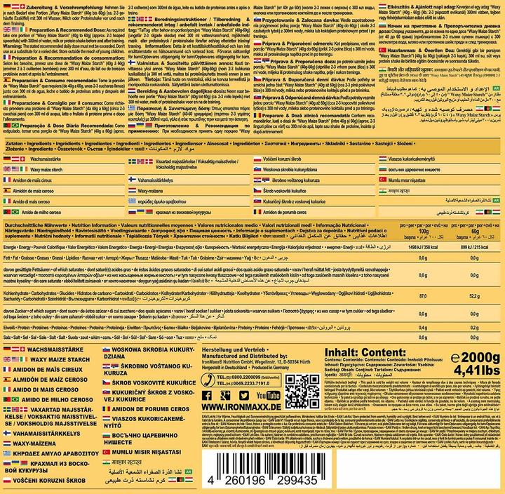 Nährwerte und Zutaten IronMaxx Waxy Maize Starch (Neutral, 1 Stk., 2000 g)