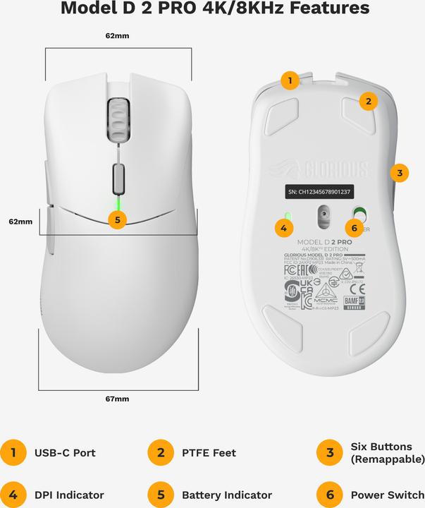 Actual product image Glorious Model D 2 PRO Wireless - 4K/8K Polling - White (Cable, Wireless)