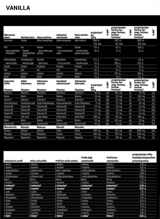 Valori nutrizionali e ingredienti Body Attack Aumento di peso (barattolo da 4750 g) (Vaniglia, 1 x, 4750 g)
