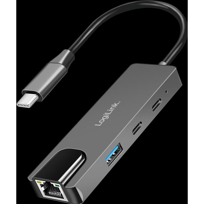 LogiLink Prüfen (USB-C, 3 Ports), Dockingstation + USB Hub, Grau