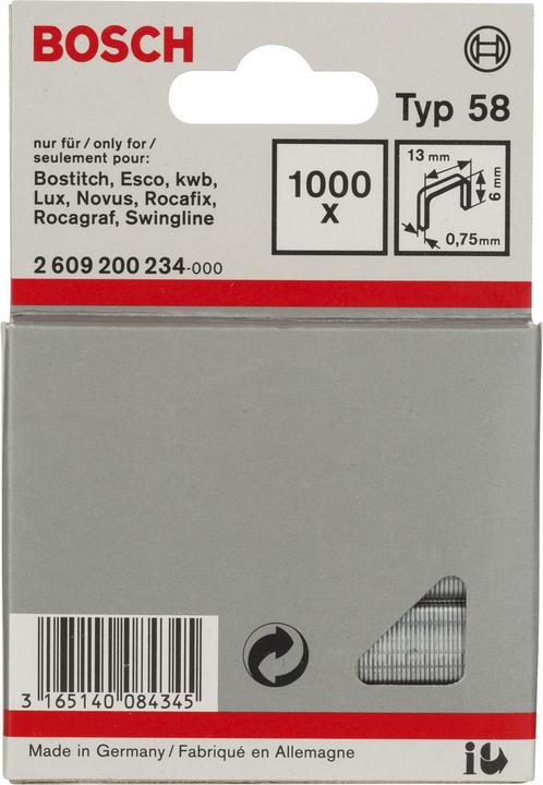 Produktbild Bosch Professional Zubehör Feindrahtklammer Typ 58, 13 x 0,75 x 6 mm, 1000er-Pack