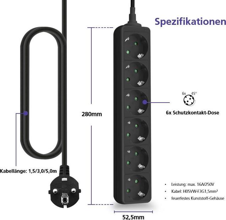 Actual product image Helos Socket strip CLASSIC, 6-way, black, 5.0m, without switch (6 x)