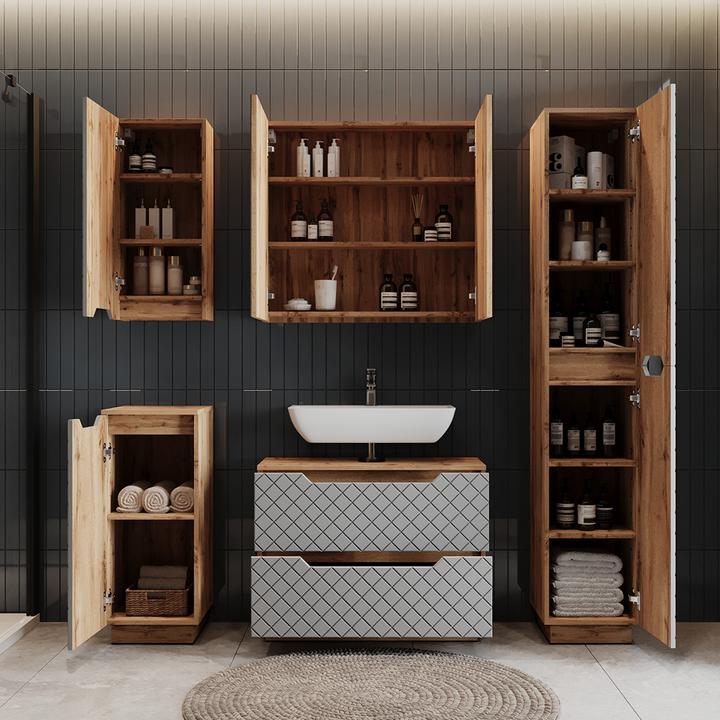 Actual product image Vicco Waschbeckenunterschrank Lotta, Eiche/Grau mit Kachelstruktur, 79.6 x 62.5 cm mit 2 Schubladen (79.60 x 32 x 62.50 cm)