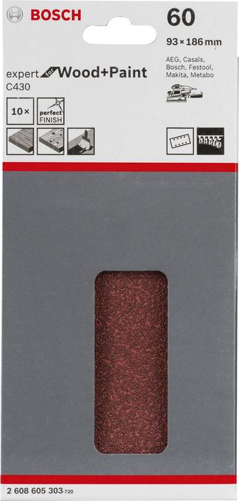 Produktbild Bosch Professional Zubehör Schleifblatt C430, 93 x 186 mm, 60, 8 Löcher, 10er-Pack (60)