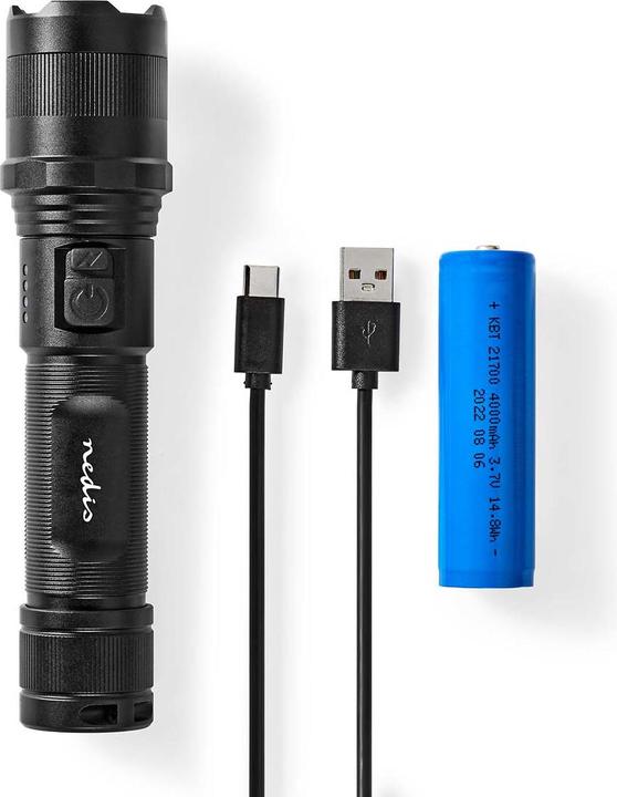 Actual product image Nedis LED torch, full metal housing, rechargeable battery, 3.7 V, 10 W (3.50 cm, 1000 lm)