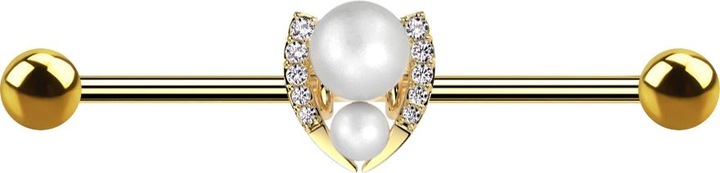 Actual product image Star Piercing Barbell gold-plated with two balls gold-plated two pearl balls silver crystals silver (Surgical steel 316L, Brass)