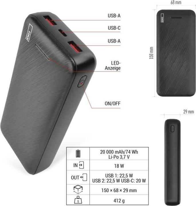 Actual product image Emos Powerbank AlphaQ3, 20 000 mAh, 22,5 W, schwarz (20000 mAh, 22.50 W, 74 Wh)