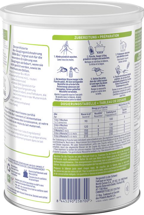 Nutritional values and ingredients Beba Bio 1 from birth (800 g, from birth)