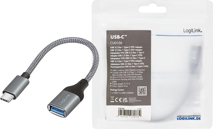 Productafbeelding LogiLink KAB Adapter USB-C > USB-A (ST-BU) 0,15m Donkergrijs (0.15 m, USB 3.2 Gen 1)