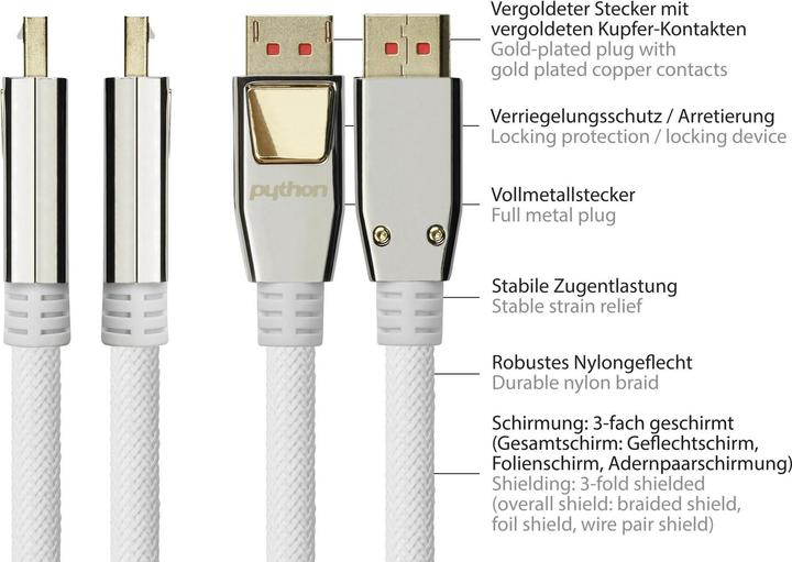 Actual product image Python Connection cable DisplayPort 1.4, 8K / UHD-2 @60Hz, full metal connector, gold-plated contacts (5 m)