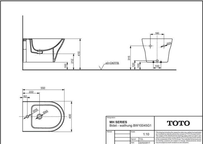 Image du produit TOTO MH bidet mural avec trou de robinetterie et trop-plein blanc