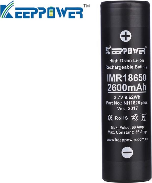 Keeppower Batteria IMR18650 Plus (US18650VTC5A) (Flat Top) inclusa la scatola di protezione della batteria (1 pz., 18650, 2600 mAh)