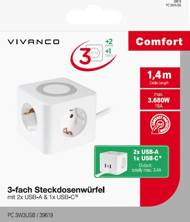 Actual product image Vivanco 3-way socket cube with 2x USB-A + 1x USB-C, 3.4A, 1.4m, white (3x, CEE 7/3, 1.40 m)