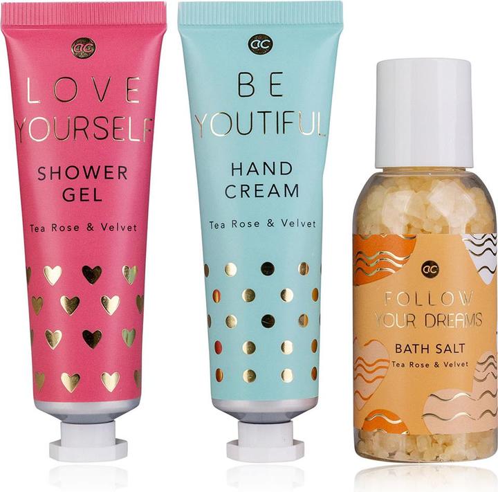 Produktbild Accentra Badeset BEAUTY TREATS in wiederverwendbarer Geschenktasche, inkl. 30ml Duschgel, 30ml Hand- & Nagelc (Haarpflege set)