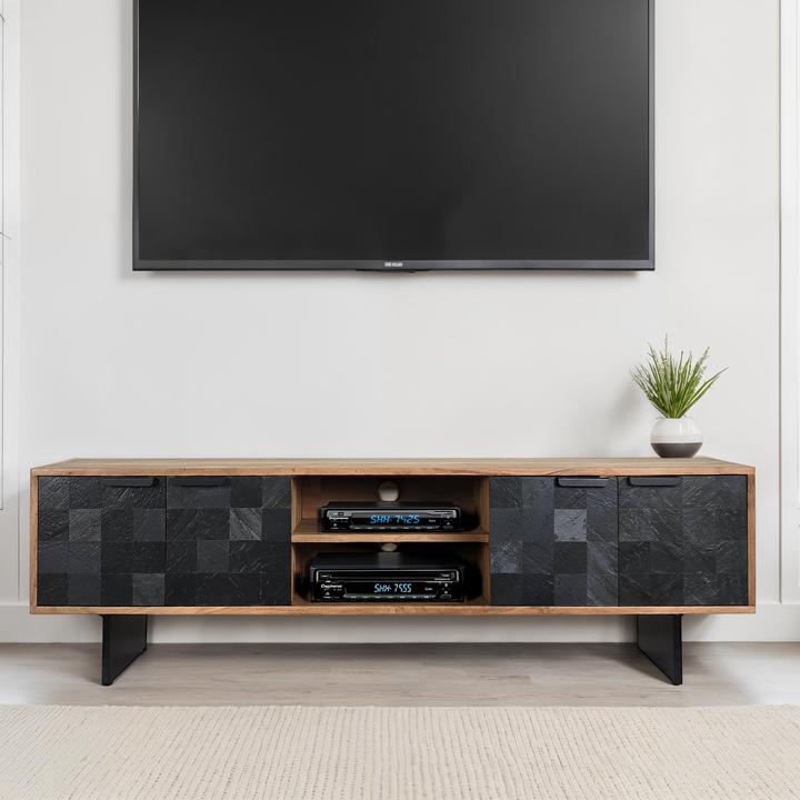 Produktbild FineBuy Lowboard TV Board Akazie Massivholz 150 cm mit Steinoptik Fronten Gross (150 x 45 x 35 cm)
