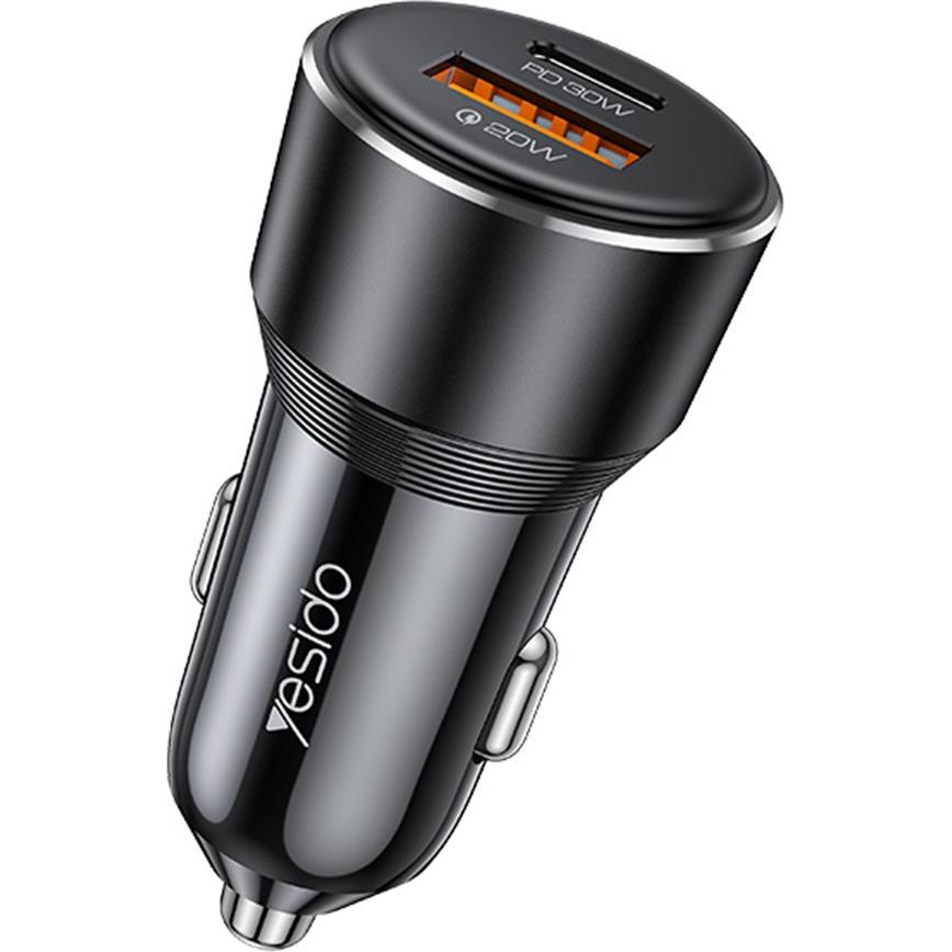 Yesido - Car Charger (Y64) - Dual-Port USB-A + Type-C, 50W, Multi Protection, Fast Charging - Black, Adattatore per auto, Nero