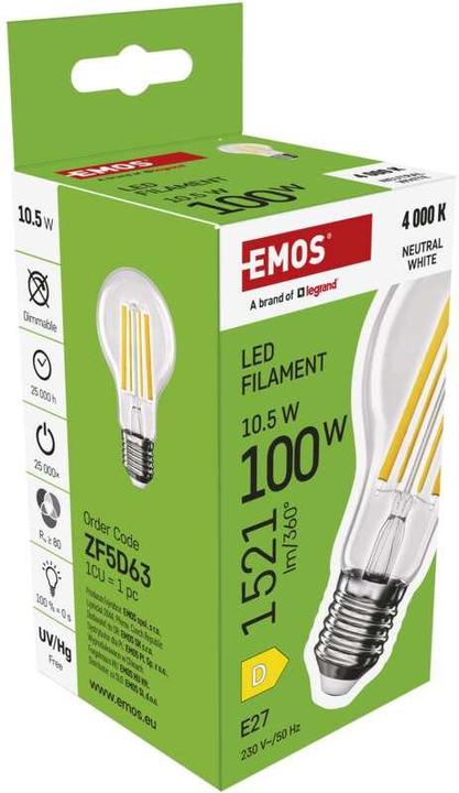 Produktbild Emos LED Lampe Filament A60 / E27 / 10,5 W (100 W) / 1521 lm / Neutral Weiss (E27, 10.50 W, 1521 lm, 1 x, D)