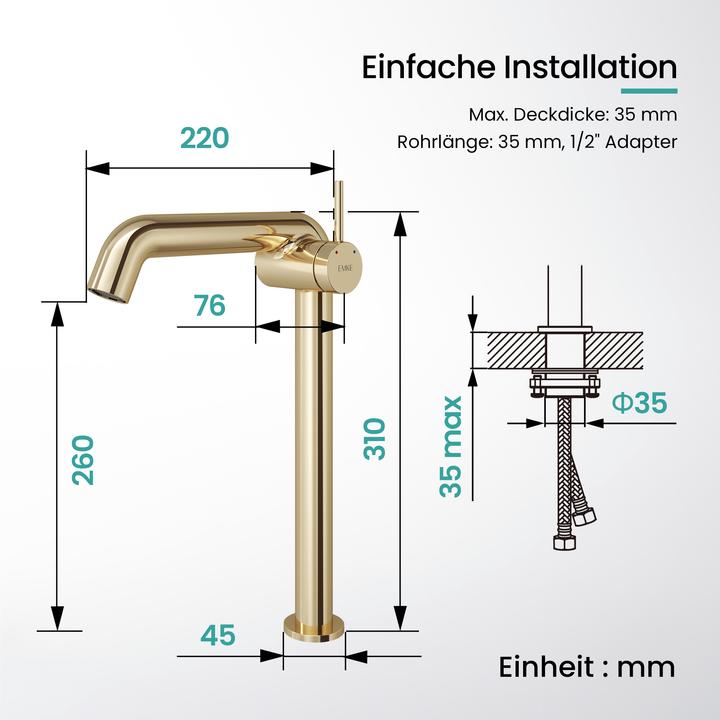 Produktbild Emke Wasserhahn Bad Messing Keramikkartusche Luftsprudler Waschtischarmatur Mischbatterie einfache Instal