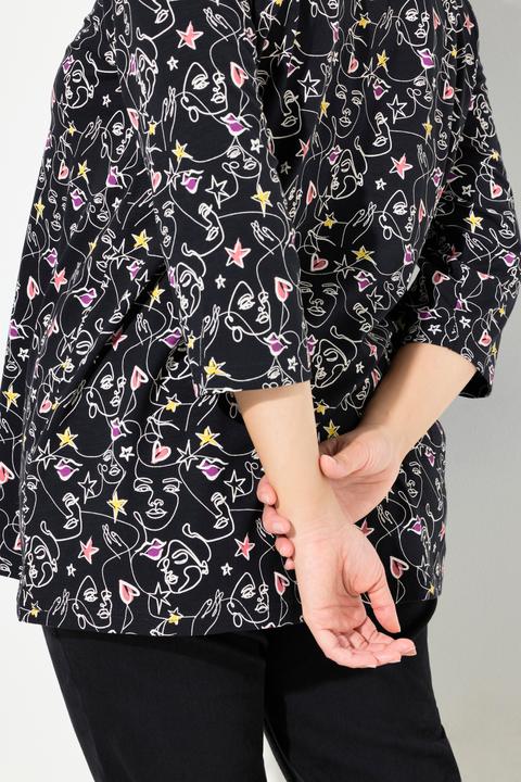 Actual product image Ulla Popken Scribble Print 3/4 Sleeve Split Neck Tee (54)