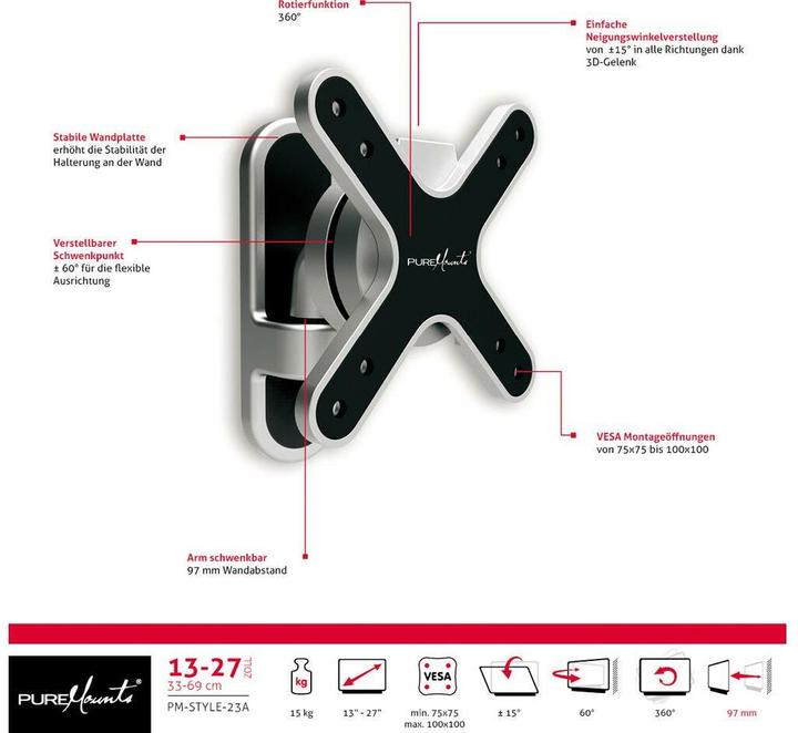 Immagine prodotto PureMounts Pm-Style-23a (Muro, 23", 35 kg)