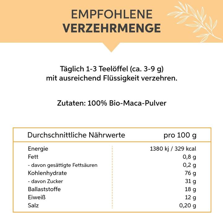Valori nutrizionali e ingredienti Eltabia Polvere di maca biologica | Polvere di maca premium dal Perù (Polvere, 100 g)