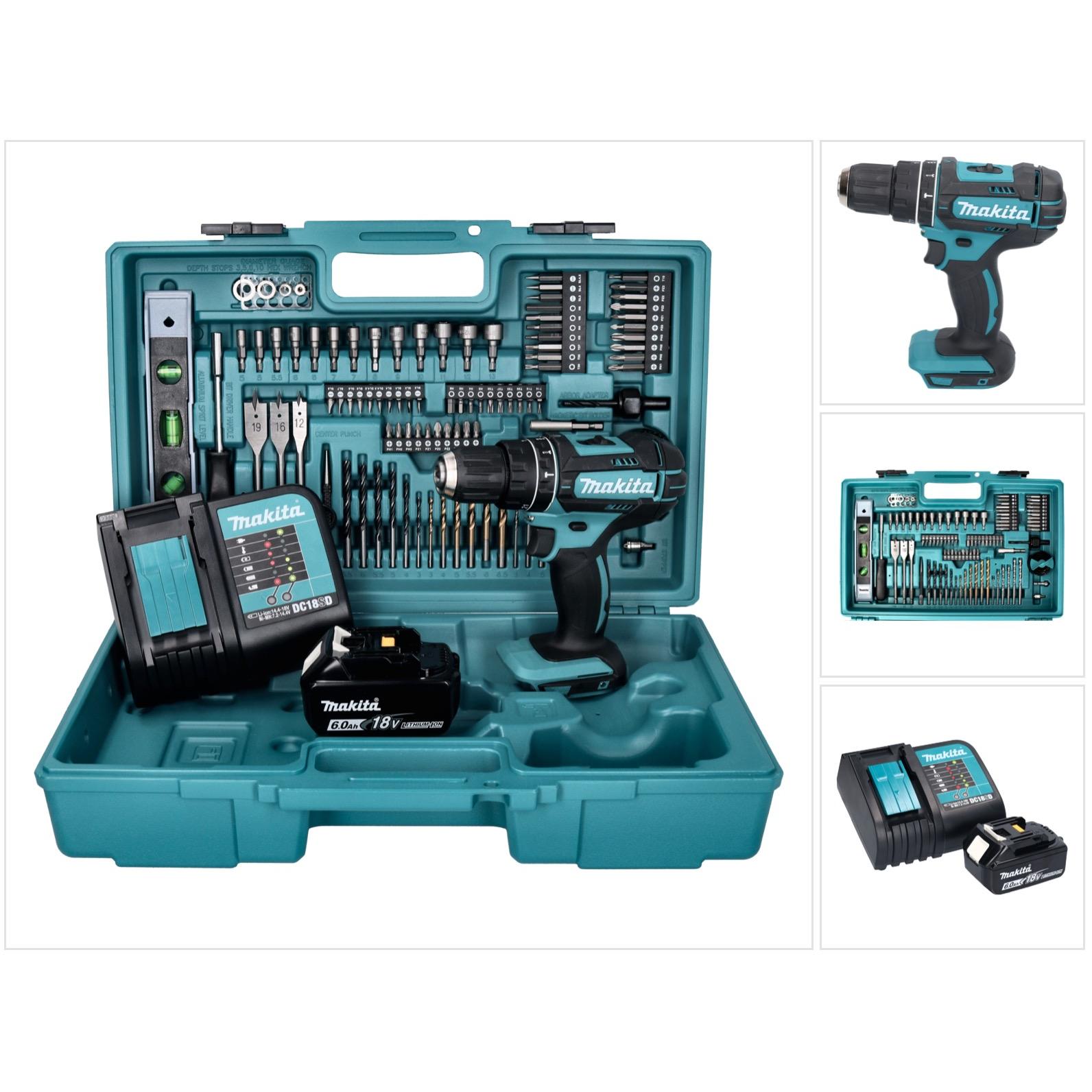 Makita, Bohrmaschine + Akkuschrauber, DHP 482 SGX5 Akku Schlagbohrschrauber 18 V 62 Nm + 1x Akku 6,0 Ah + Ladegerät + 10...