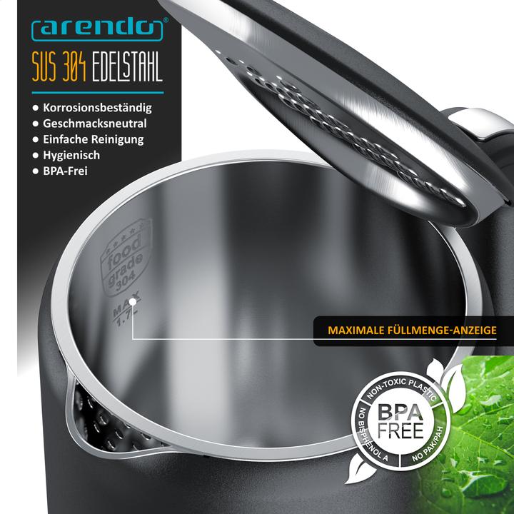 Produktbild Arendo Wasserkocher aus Edelstahl 1,7 L, Temperatureinstellung 40–100 °C mit Anzeige, Teekocher 2200 W (1.50 l)