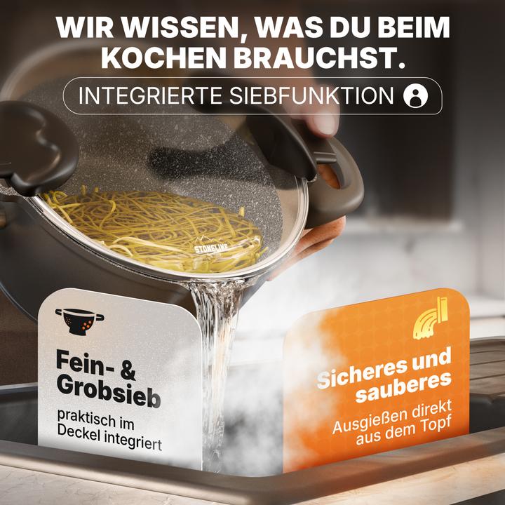 Produktbild Stoneline Future Topfset 8 teilig mit Sieb Deckeln, beschichtete Töpfe, Pfannen Induktion geeignet (Bräter + Schmortopf, Bratpfanne, Kochtopf, Stielkasserolle, Aluminiumguss, 24 x 11.50 cm)